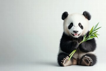 Panda enjoying fresh bamboo while sitting against a light backdrop with ample space for text and design elements. Generative AI