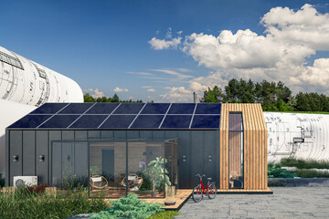 Planning of Energy supply at a family house (summer landscape in background) - 3D visualization