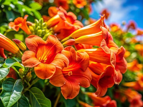 Campis Grandiflora Trumpet Creeper Vine Flowers Bloom Closeup Eye Level Photography