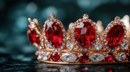 An artistic design of a stylish crown adorned with large red jewels and surrounding diamonds, emphasizing allure and nobility against a sophisticated dark setting.