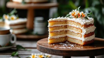 A multi-layered coconut cake is garnished with flowers and frosting, set on a wooden stand, presenting a classic and inviting scene of culinary delight.