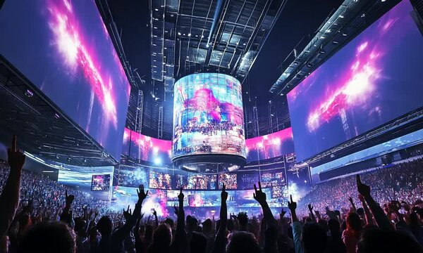 A vibrant esports event with a large audience and immersive digital displays.