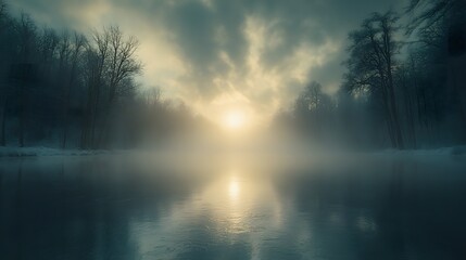 Fototapeta premium Misty winter lake scene with sunbeams filtering through bare trees, featuring crystalline ice surface and snow-covered landscape, creating mysterious atmosphere in pristine winter forest setting.