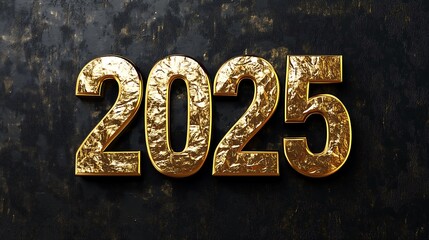 golden texture 2025 3d text on black background, new year 