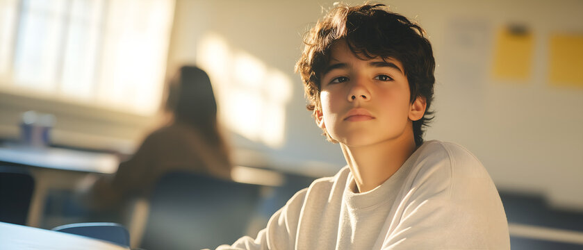 cute, photogenical upset / serious face expression  brunette ./ latino teenage boy sitting in the class and looking directly into camera; copy space