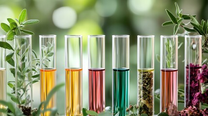 A vibrant display of test tubes filled with colorful liquids and fresh herbs, showcasing a fusion of science and nature.