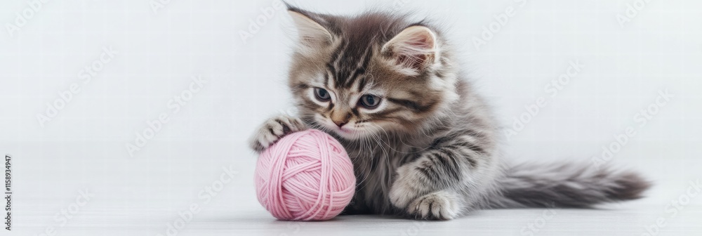 Poster cute kitten enjoying playful moments with a ball of soft yarn in a cozy indoor setting during the af