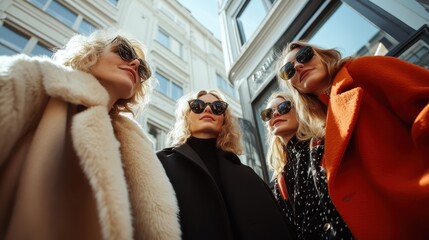 Four fashionable women glance upwards, clad in chic jackets and sunglasses, capturing urban elegance and a sense of enlightenment against architectural background.