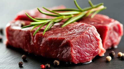 Two raw, fresh steaks are garnished with sprigs of rosemary and peppercorns, ready to be transformed into a gourmet dish, highlighting culinary potential and artistry.