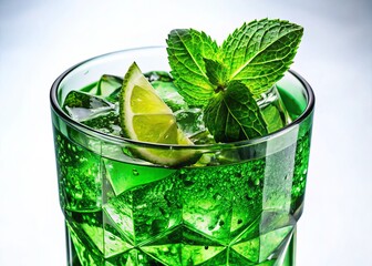 Close-Up Green Soda Drink: Lime, Apple, Mint, Tarkhun Flavors - Refreshing Beverage Photography