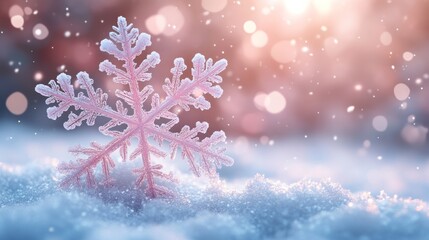 A close-up of a pink snowflake resting on soft snow, surrounded by gentle snowfall.