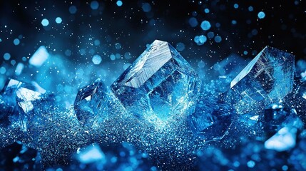 Fototapeta premium Blue liquid surface with floating ice cubes, bubbles, and snowflakes