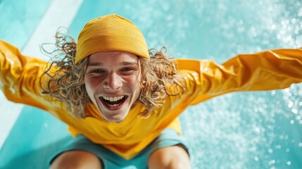 A cheerful young man smiling widely while wearing a yellow outfit in a bright setting. The image captures joy and positivity with its colorful, vibrant style.