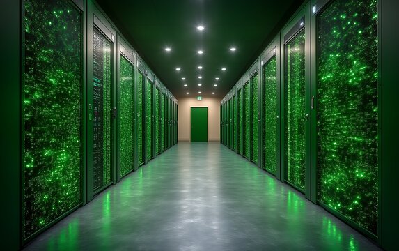 Green server room corridor with glowing data.