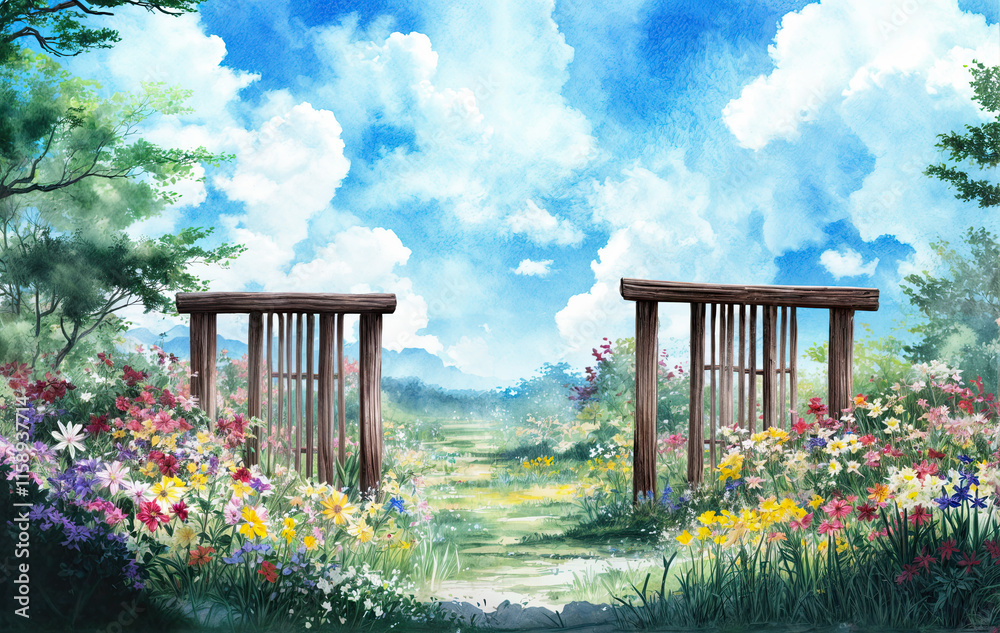 Poster a serene, panoramic view of a lush garden with vibrant flowers, a pathway, and a wooden bridge in the foreground. The sky is bright and cloudy, creating a picturesque and tranquil setting.