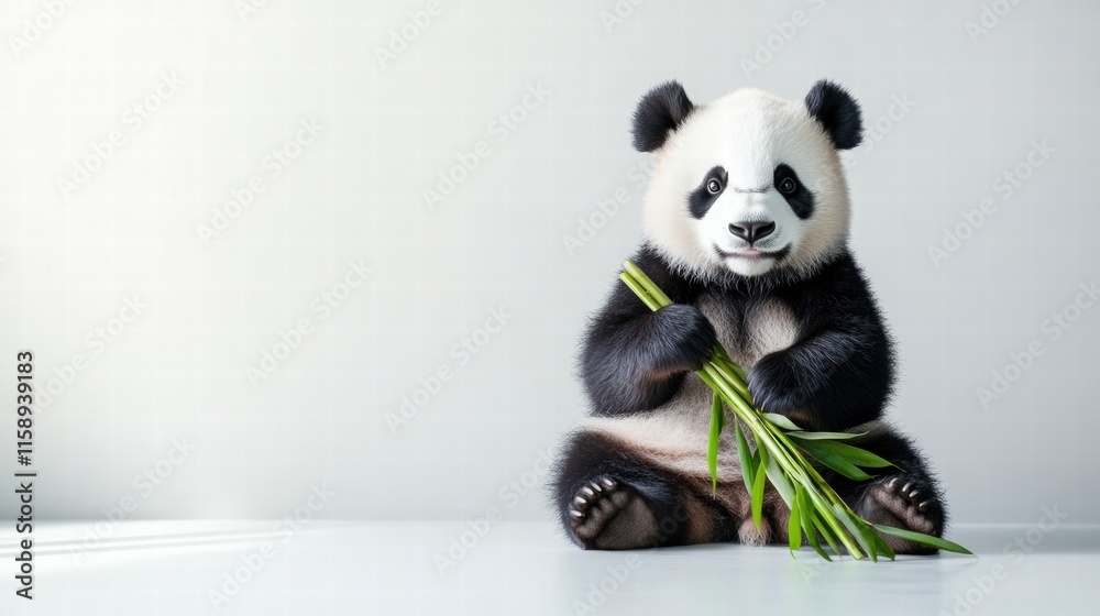 Leinwandbilder panda sits happily while holding bamboo with plenty of copy space available for text or graphic desi