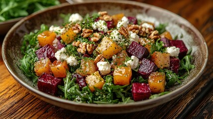   A colorful salad with beets, carrots, feta cheese, and walnuts is served in a wooden bowl