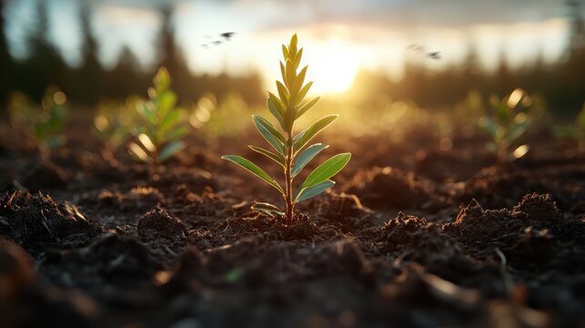 A young plant seedling emerges through rich soil, captured under the warm, golden glow of sunrise, symbolizing new beginnings and growth.