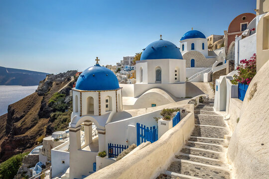 Greek whitewashed houses with blue domes