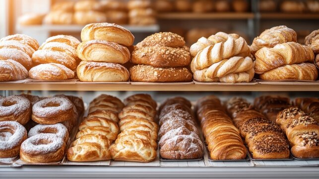 A variety of freshly baked pastries, including croissants and rolls, are neatly arranged on wooden shelves in a bakery, showcasing a delicious selection of baked goods. - Powered by Adobe