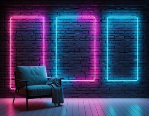 Neon Lights Illuminate Modern Chair Against Brick Wall