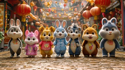 Obraz premium A group of cute, animated rabbits dressed in colorful outfits in a festive setting.