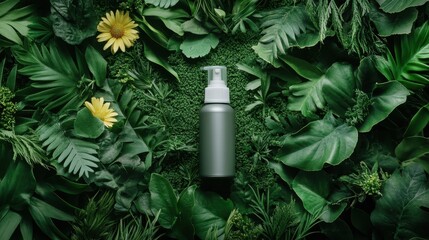 A spray bottle sits amidst lush green leaves and bright yellow flowers, evoking a sense of freshness, nature, and eco-friendly living for beauty or cleaning.