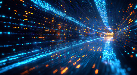 Abstract digital tunnel with glowing blue and orange particles.