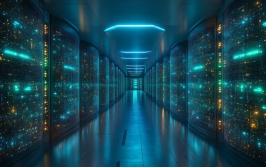 Futuristic server room with glowing data.