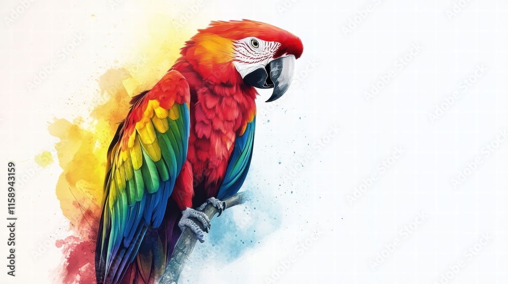 Fototapete Bright and colorful parrot perched on a branch with ample space for creative text or design elements. Generative AI