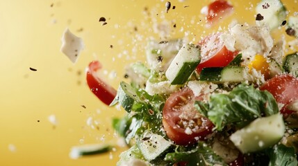 An energetic explosion of salad with a focus on cut tomatoes, cucumber, leafy greens, and feta...