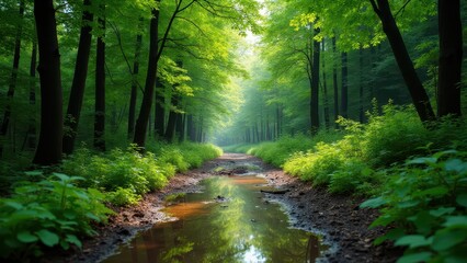 Obraz premium Puddles after thaw, Forest trail, clear puddles reflecting tree canopy, photorealistic.