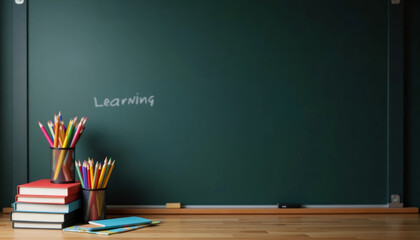 School supplies on green chalkboard, copy space background. International Education Day