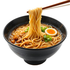 Delicious ramen noddles with softboiled eggs and spicy seasoning on a transparent background