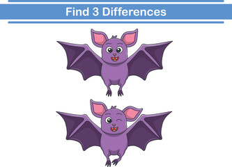 Education game for children find three differences between two bats animal cartoon. Vector illustration