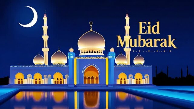 Eid Mubarak written mosque with the Eid moon seen in the sky is a happy day 