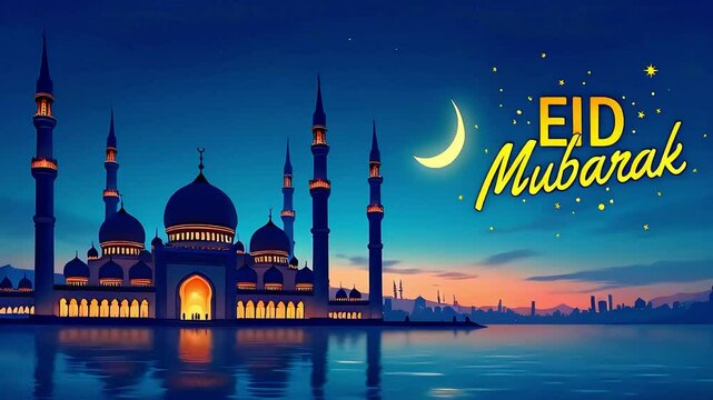 Eid Mubarak written mosque with the Eid moon seen in the sky is a happy day 