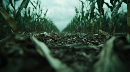 A striking low angle photograph of a cornfield viewed from the bottom, emphasizing the dry soil and sparse greenery beneath an ominous cloudy sky.
