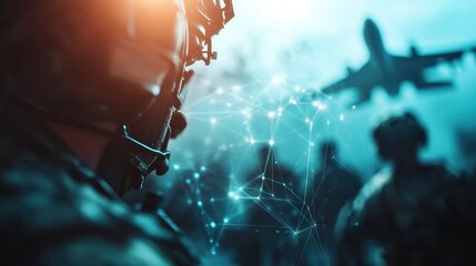 A dynamic composition portraying soldiers in high-tech gear with jets, encapsulating future warfare concepts and cutting-edge technology in a digital realm.