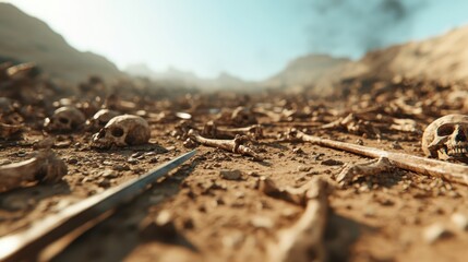 A sun-drenched arid landscape densely scattered with ancient skeletal remains, evoking stark imagery of forgotten epochs in the illuminating, barren wilderness.