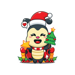 Cute ladybug holding star and christmas tree cartoon vector illustration.