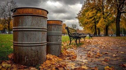 Naklejka premium Overcast City Park with Waste Barrels and Benches