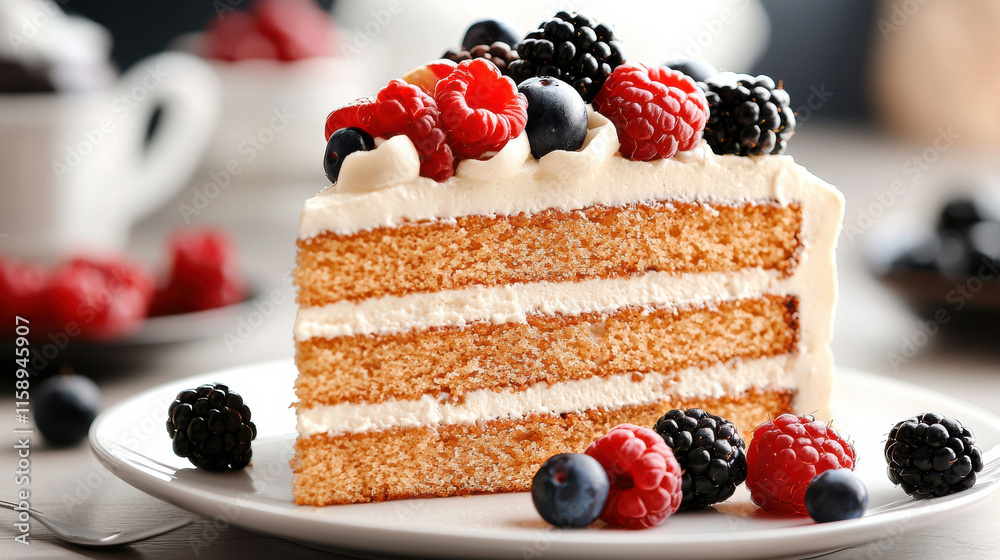 Poster close up of delicious slice of cake topped with fresh berries, showcasing layers of sponge and cream
