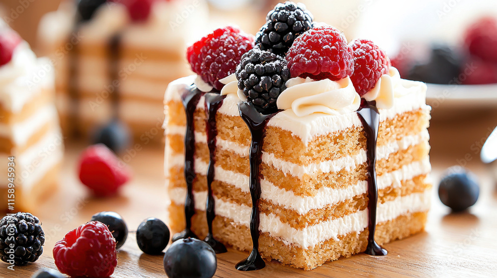 Poster close up of delicious slice of cake topped with fresh berries and cho te sauce, showcasing layers of