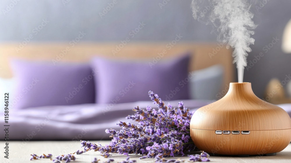 Poster close up of diffuser emitting calming lavender scent, surrounded by lavender flowers in serene bedroom setting. soft colors create relaxing atmosphere