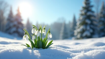 Snowdrop flowers, Cluster of snowdrop flowers emerging from melting snow in clear blue sky, forest background, photorealistic.
