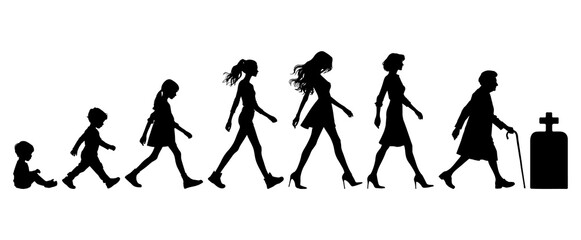 Vector illustration. Silhouette of growing up man from baby to old age. Many people of different ages in a row.	
