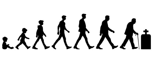 Vector illustration. Silhouette of growing up man from baby to old age. Many people of different ages in a row.	

