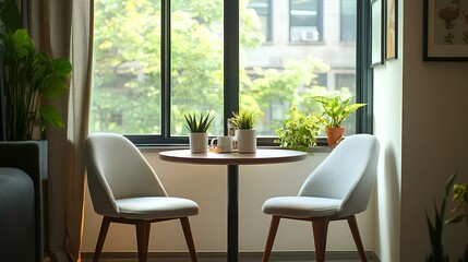 Obraz premium A cozy dining nook with two chairs and greenery, illuminated by natural light from a large window.