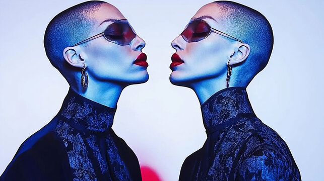 Futuristic Androgynous Elegance - Red and Blue Fashion Reflection